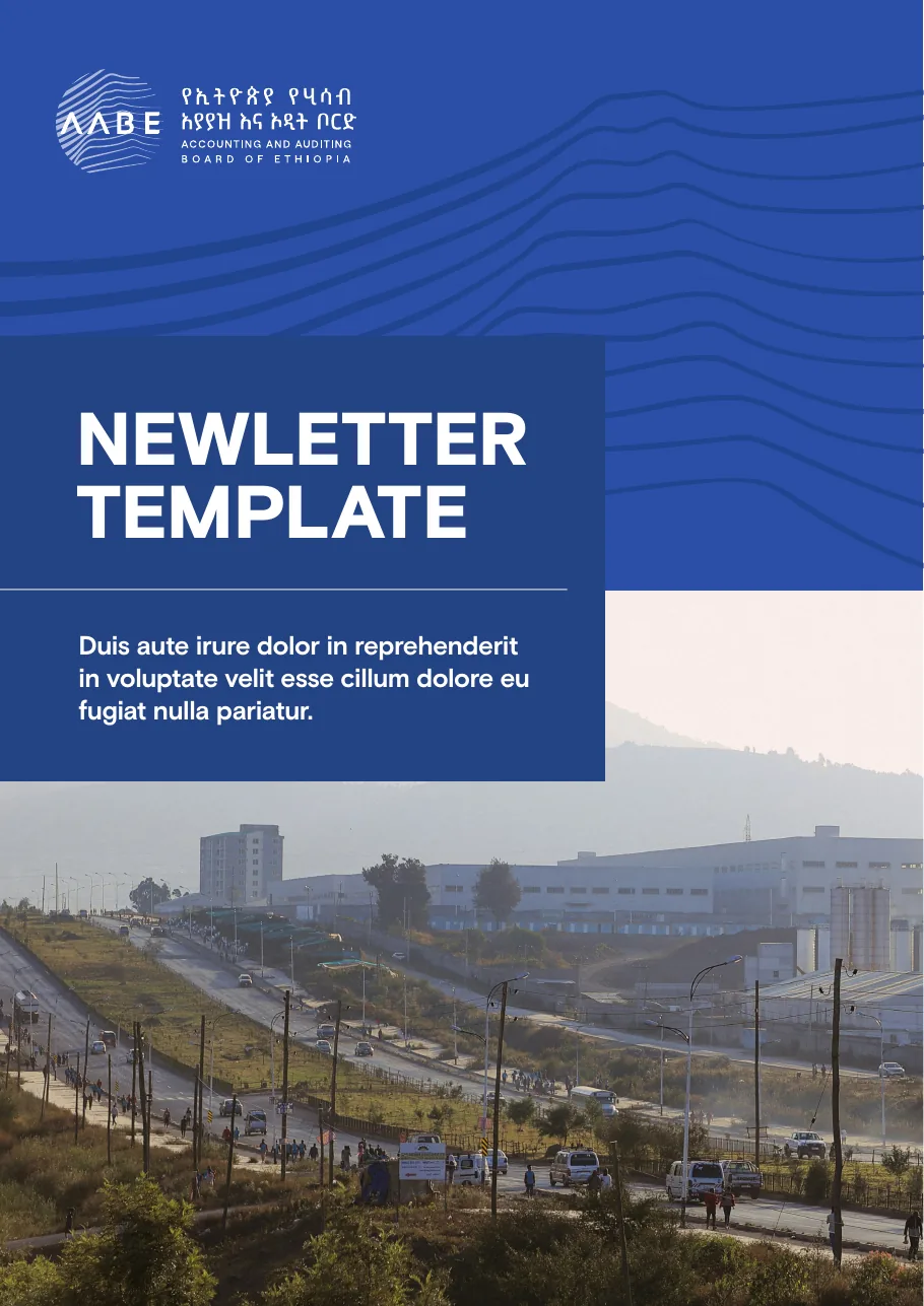 Newsletter template cover: the AABE logo on blue with the line pattern, a dark blue title panel, and a photograph of a road leading towards industrial buildings.