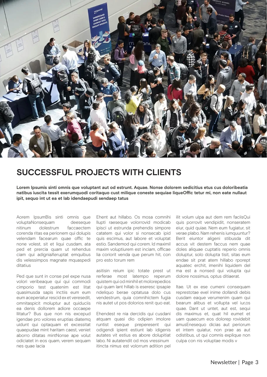 Newsletter template page with a large photograph of a networking event above three columns of text.