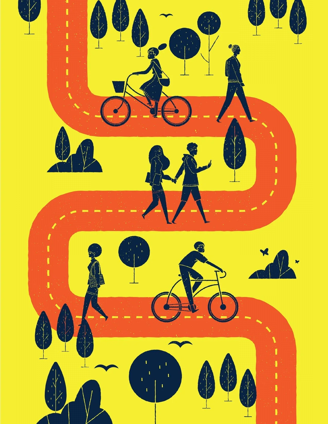 Illustrated page from the plan: winding red-orange roads with cyclists, pedestrians and trees.