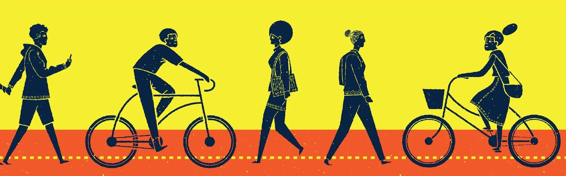 Original illustration: people walking and cycling along a red-orange road.