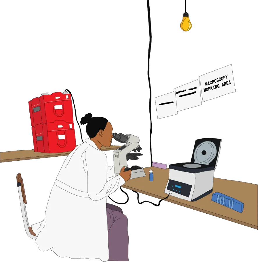 Illustration: a laboratory technician at a microscope.