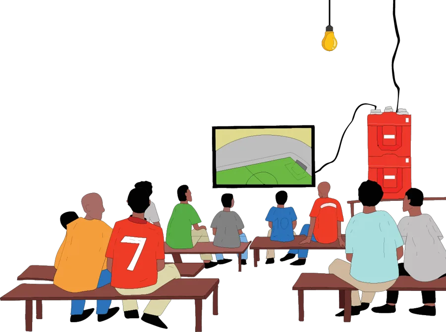 Brochure illustration: people on benches watching football on a screen powered by a Powerblox unit.