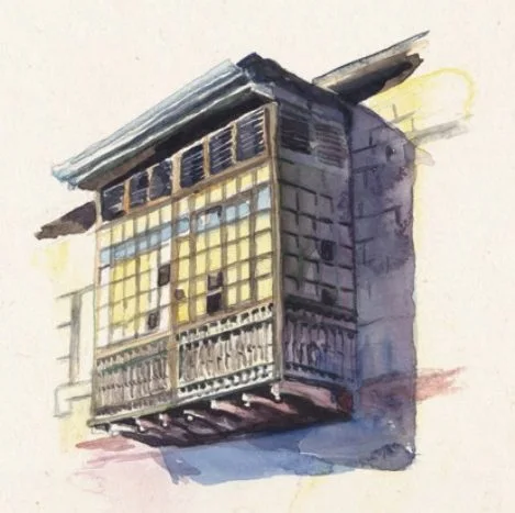 Detail: a multi-paned glass balcony on Gandhi Street, painted in watercolour.