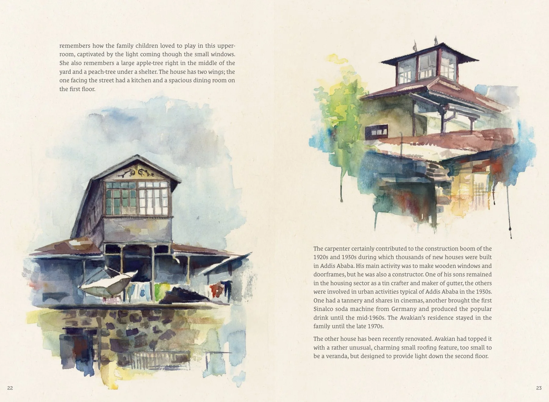 Spread: Avakian’s House, two watercolour houses set into the running text.