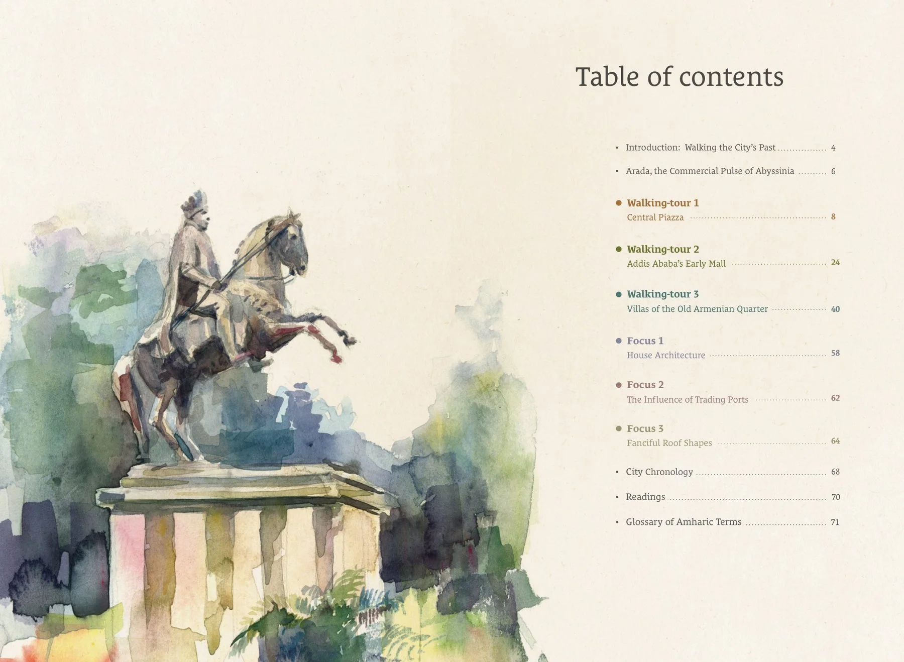 Opening spread of the Old Piazza guide: a watercolour of the Menelik II equestrian statue beside the table of contents and its three walking tours.