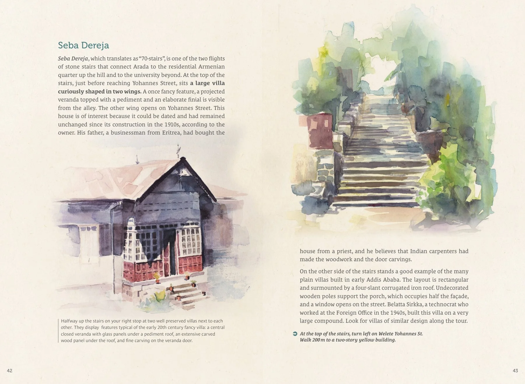 Spread: Seba Dereja, a villa and the stone stairs with text flowing around them.