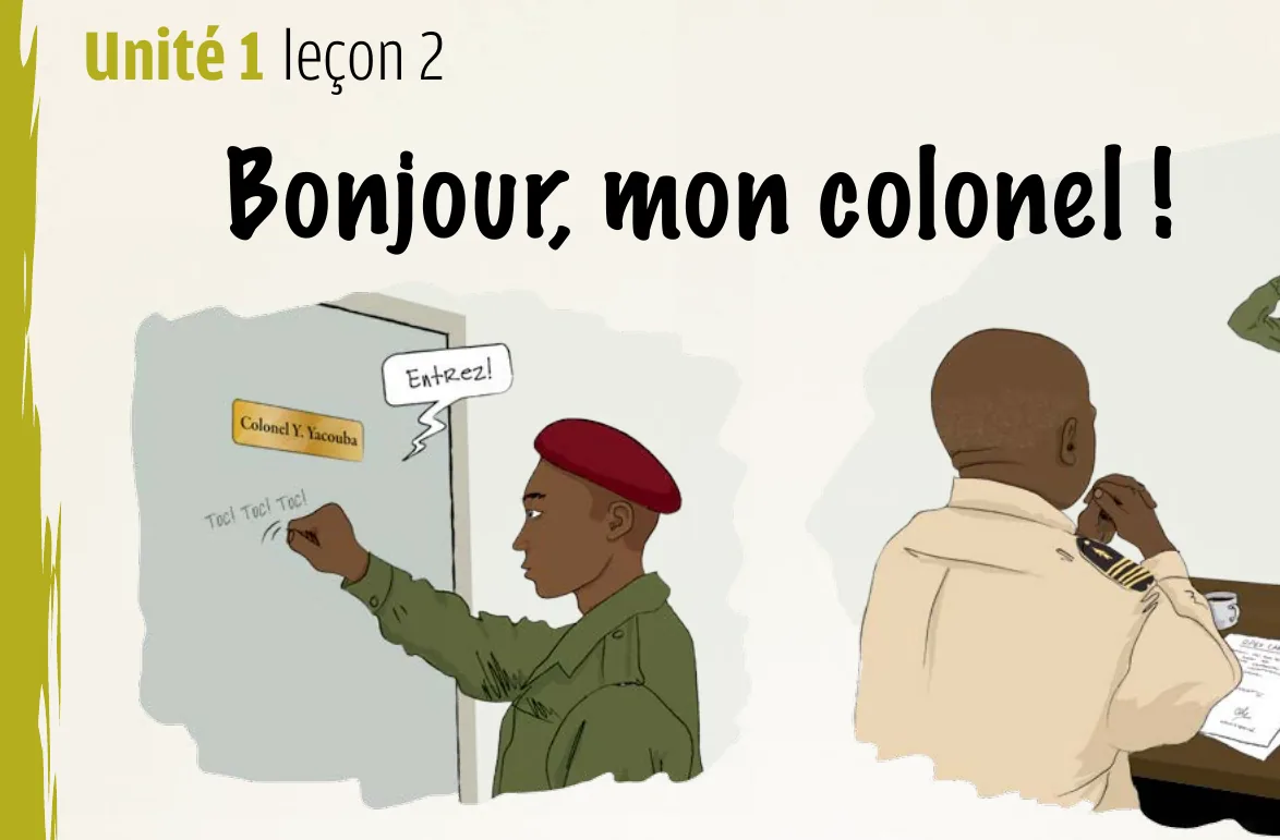 Lesson title Bonjour, mon colonel ! above an illustration of a soldier saluting an officer at his desk.