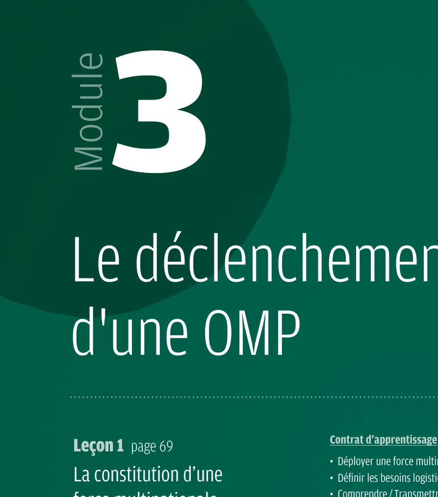 A B1 module opener: a large white numeral 3 on deep green, with the module title Le déclenchement d’une OMP.