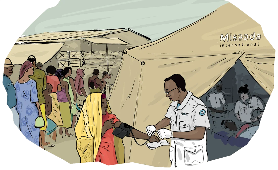 Inside a humanitarian tent, a nurse treats a patient while families wait their turn.