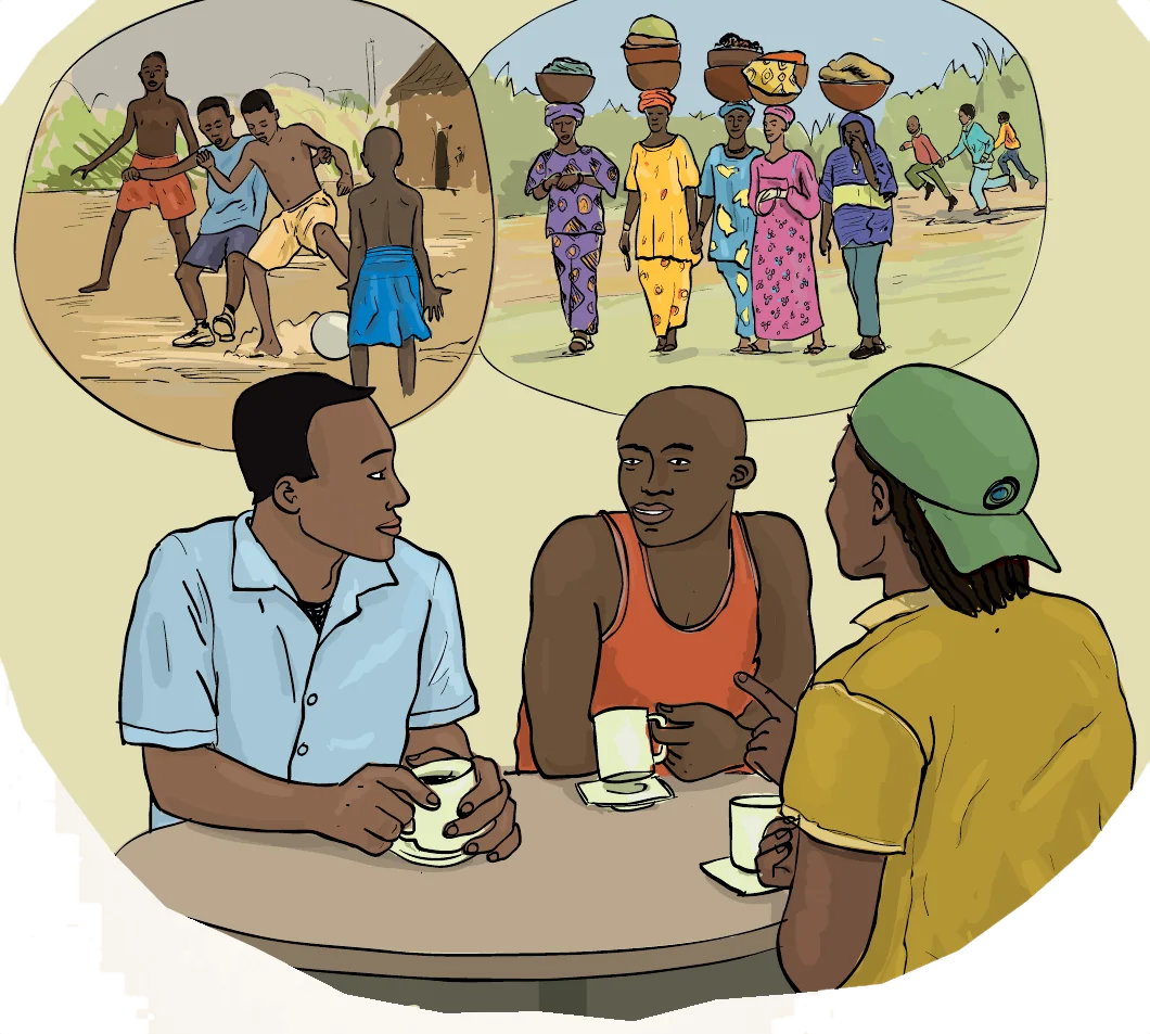 Three friends talk over coffee at a café table, with a memory of a village scene drawn above them.