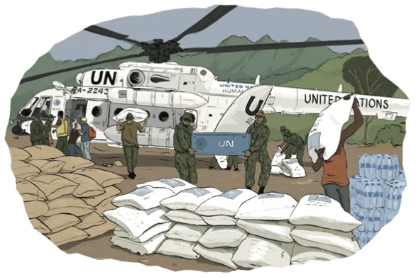 Peacekeepers unload sacks of aid from a white United Nations helicopter onto stacked supplies.
