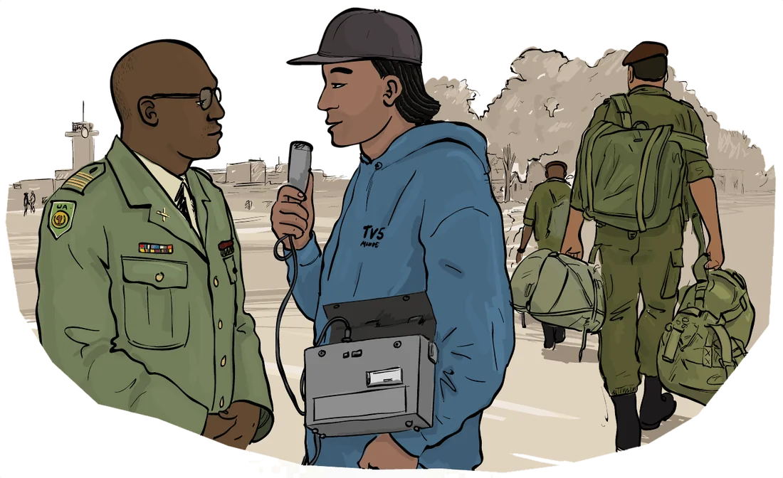 A journalist holding a recorder interviews an officer at a camp entrance.