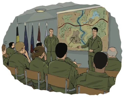An officer briefs seated soldiers in front of a large wall map.