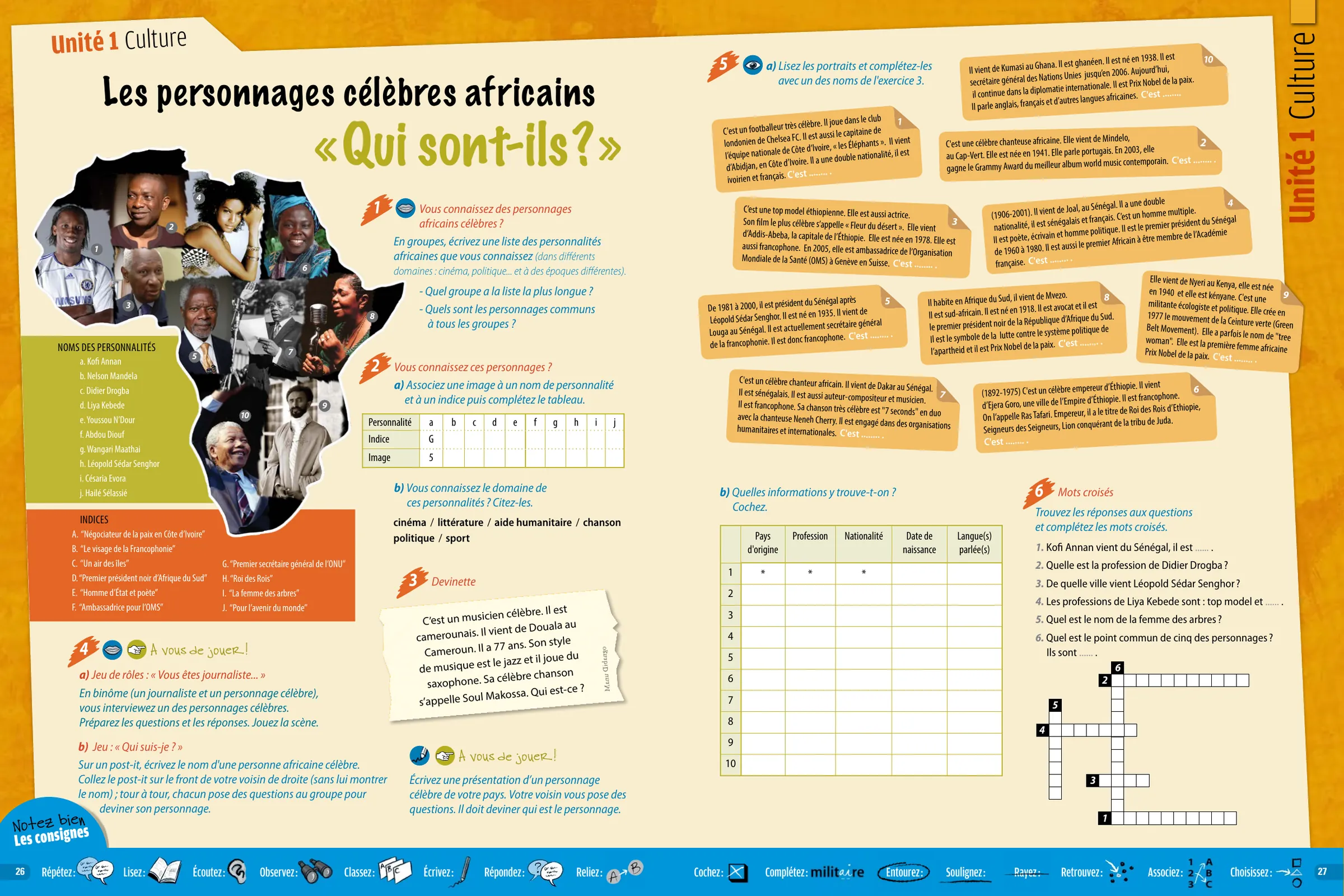 An A1 culture spread in orange: portraits of famous African figures around a map, with comprehension exercises and a crossword.