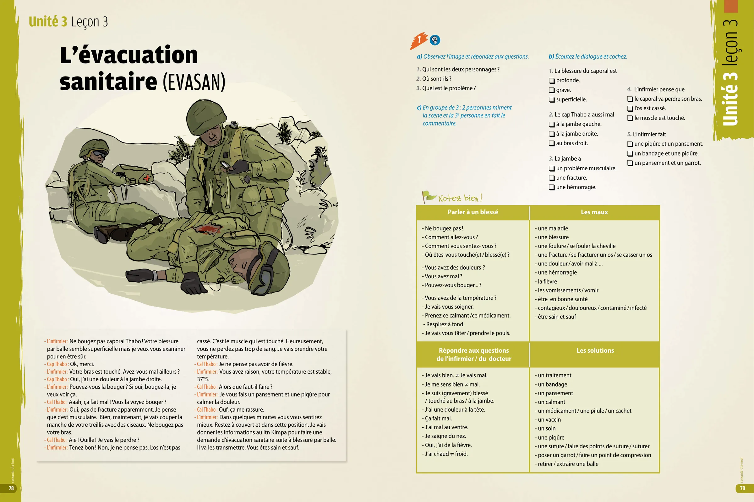 An A2 spread: an illustration of soldiers tending a wounded comrade on the ground, beside vocabulary panels for talking to an injured person.