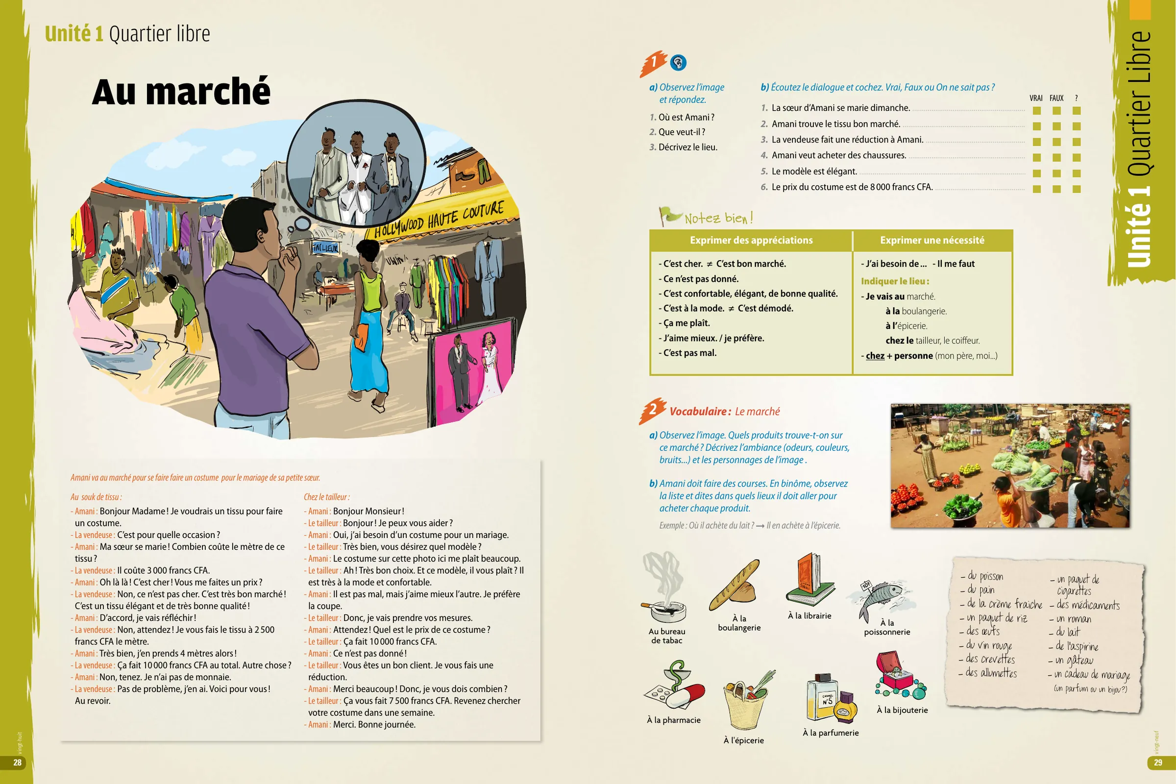An A2 spread: the title Au marché above a busy illustrated market street, with vocabulary tables, a dialogue and small drawings of shops.