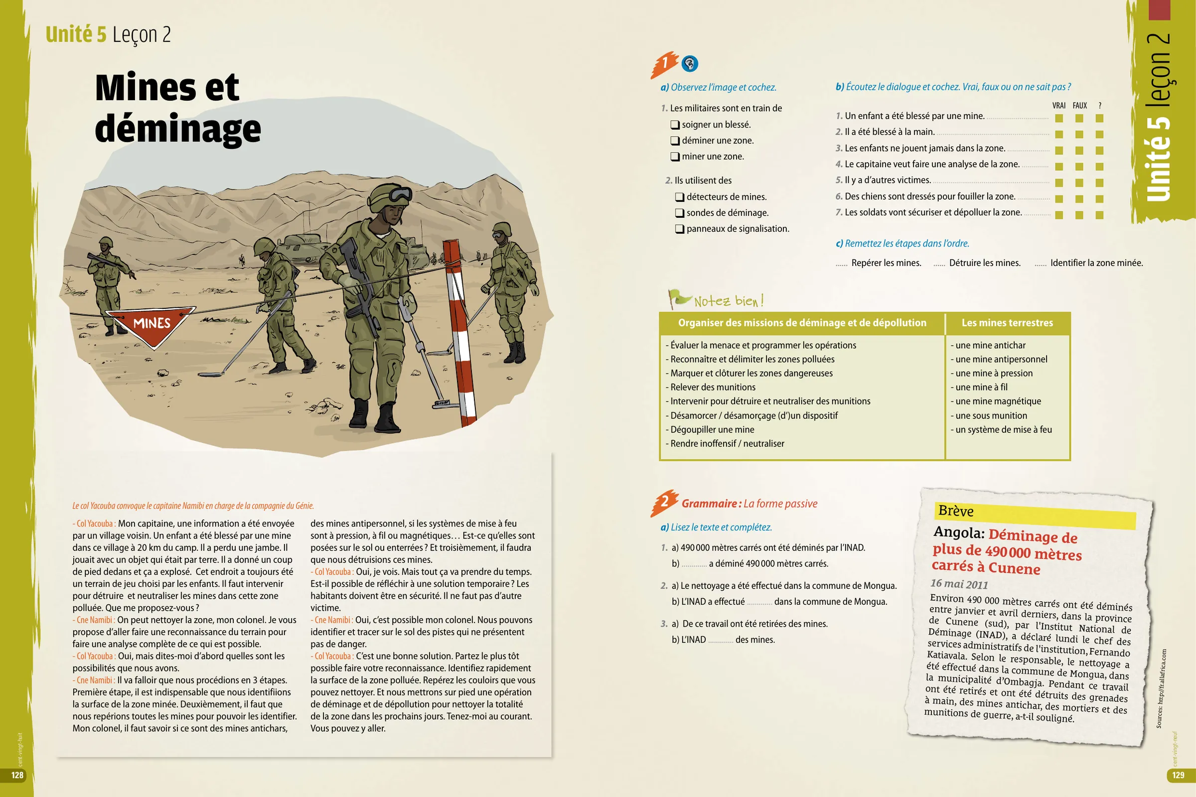 An A2 spread: soldiers sweeping a minefield with detectors behind a red Mines sign, with exercises and a newspaper-style text.