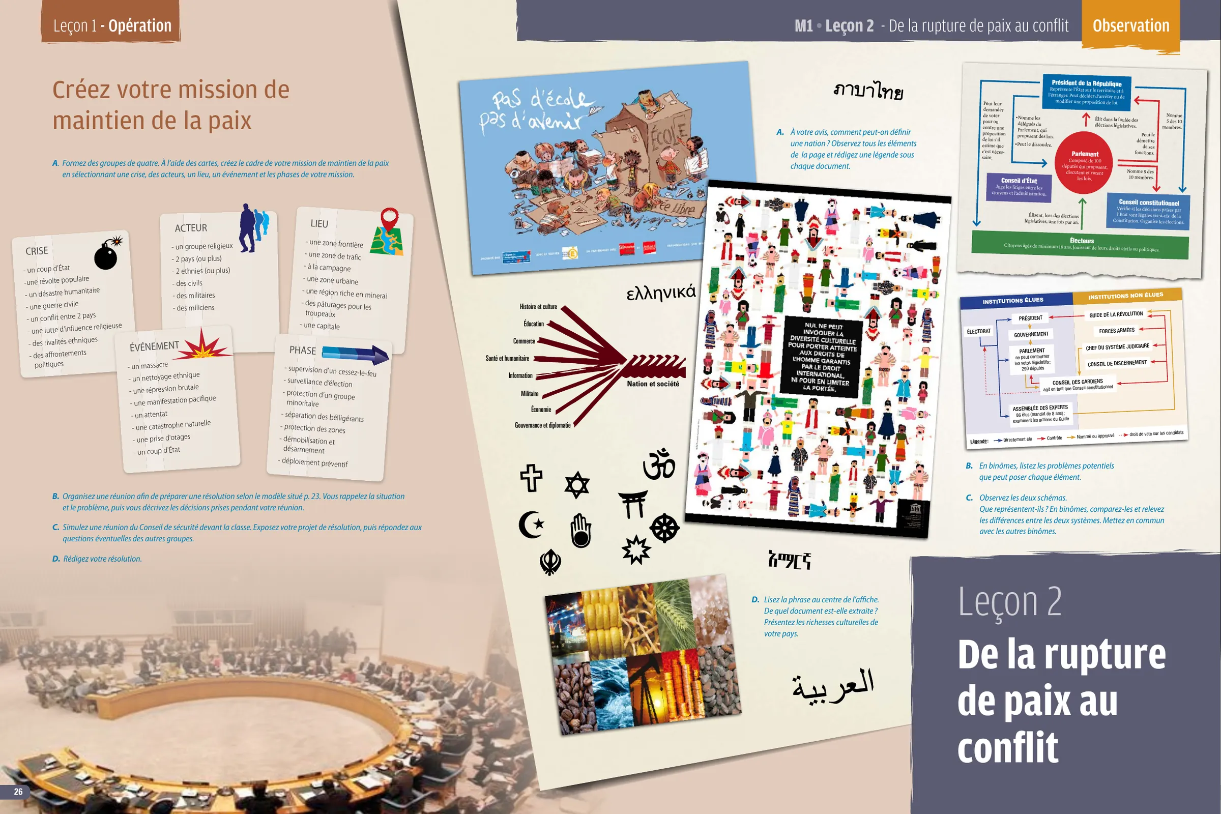 A B1 spread in collage style: notes, photographs, a page of cultural symbols and the lesson title De la rupture de paix au conflit.