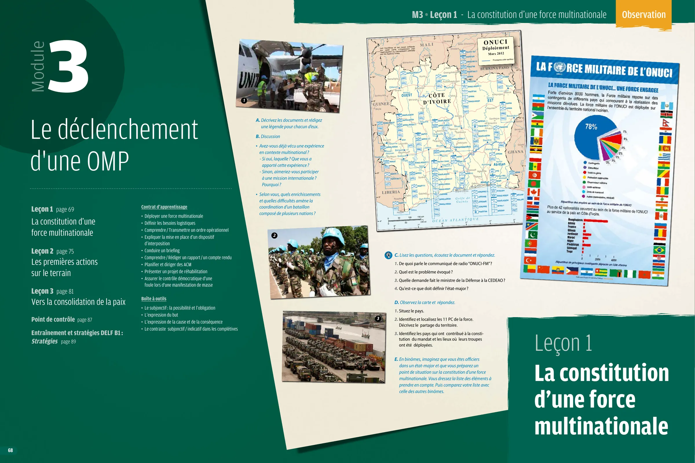 A B1 module opener: a large white numeral 3 on deep green, the module contents, a map of the world’s peacekeeping operations and photographs.