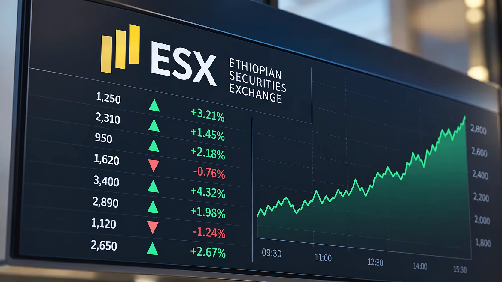 An illustrative trading screen bearing the Ethiopian Securities Exchange name.