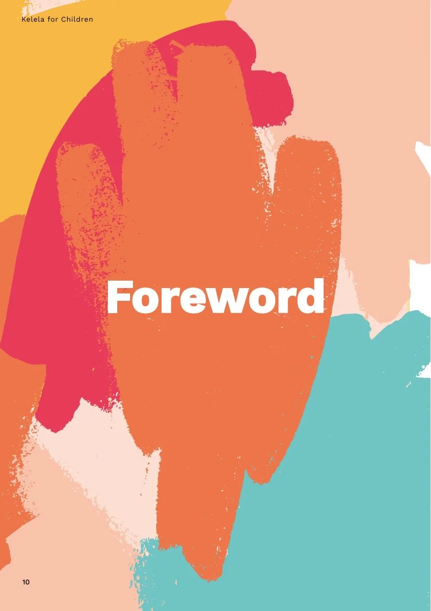 The Foreword opener from the guidebook: the word Foreword in white over layered brushstrokes in rose, orange, ochre and teal.