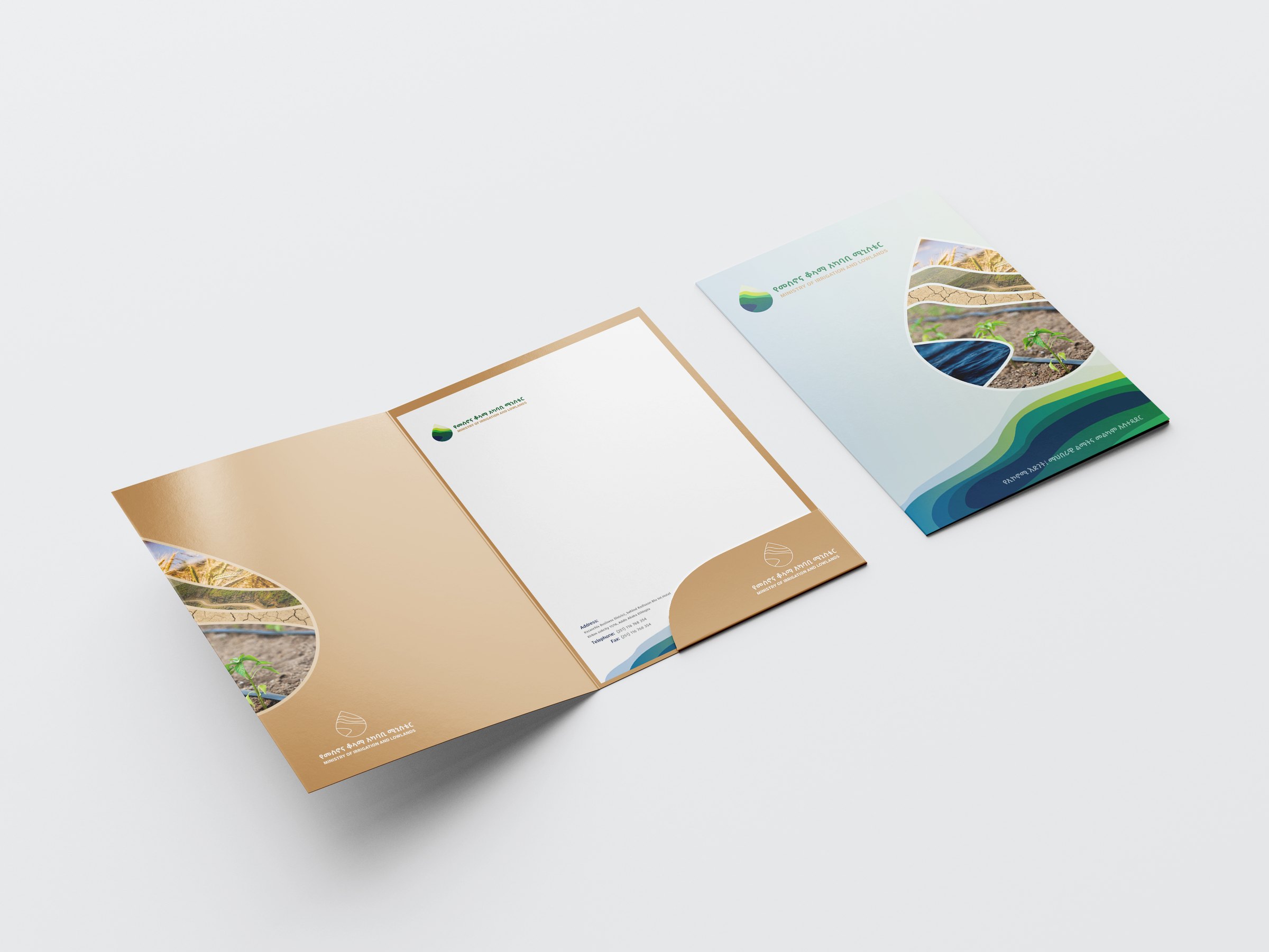 A MiLLS presentation folder in gold and white with drop-shaped photo windows, and a matching brochure.