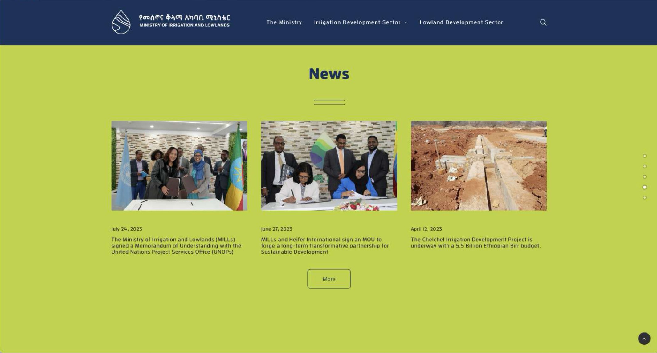 The News section: the navy header with the white logo and main navigation above three news stories on a lemon-green background.