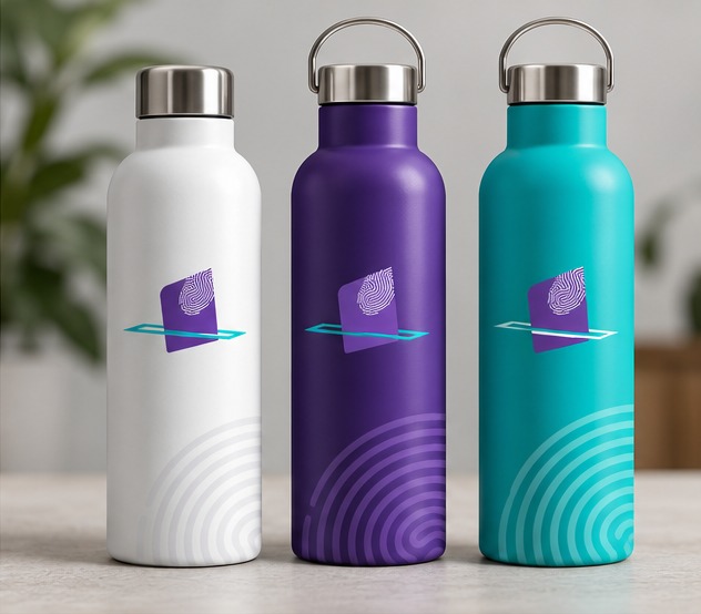 Three water bottles in white, purple and turquoise, each with the NEBE symbol.