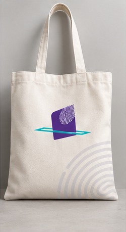A canvas tote bag with the NEBE symbol and a fingerprint pattern.