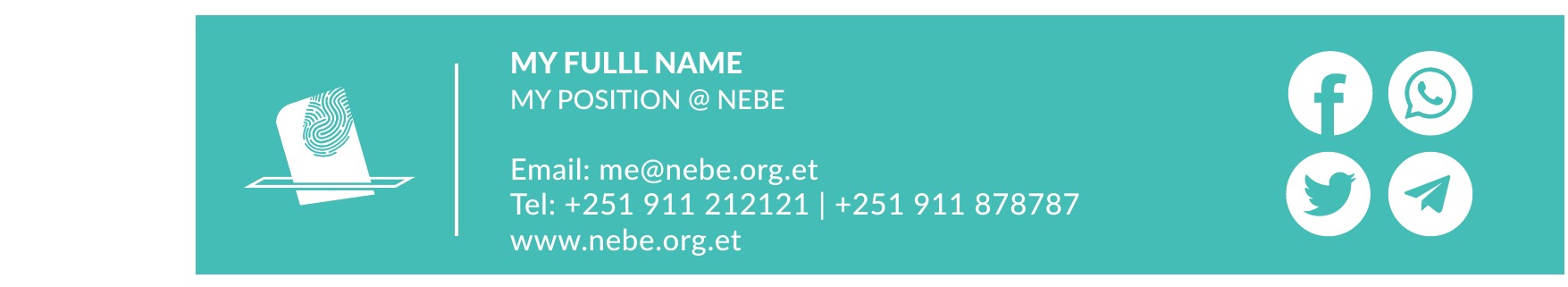 A branded NEBE email signature on turquoise.