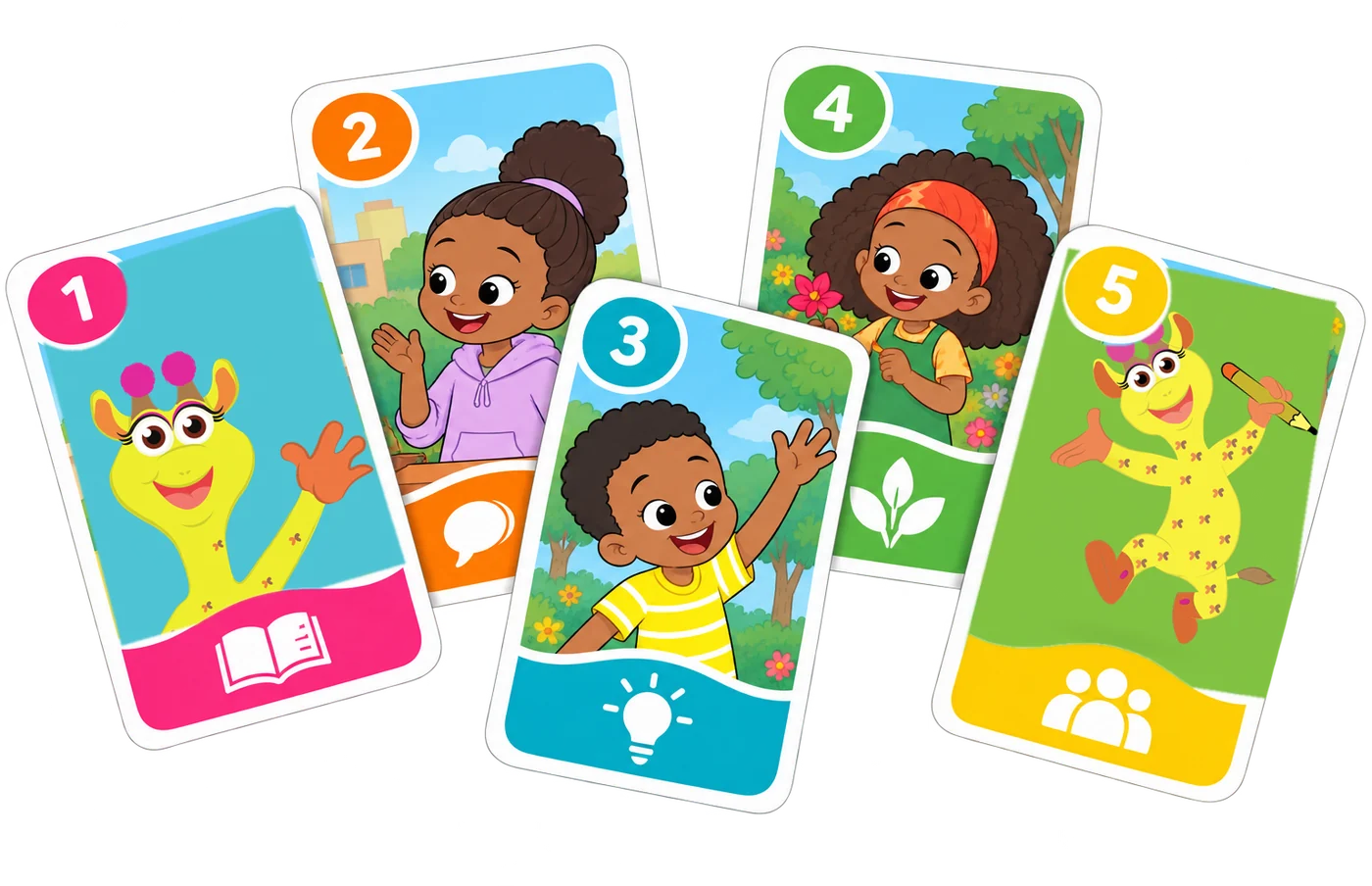 Five numbered flashcards fanned out, each with a coloured band and icon; card one shows Tsehai waving and card five shows Tsehai leaping with her pencil.