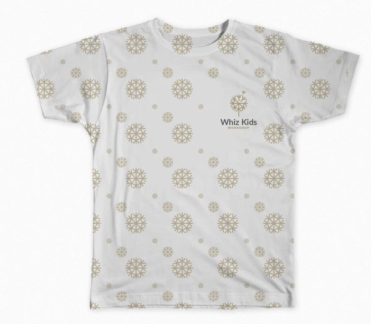 A white t-shirt printed all over with the gold dandelion-head pattern and the Whiz Kids logo on the chest.